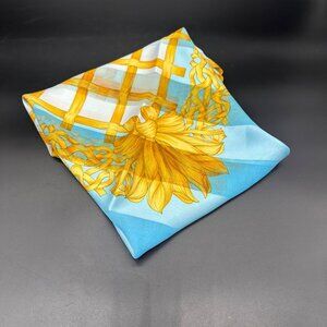 Vintage Sheer Scarf Blue Gold Ribbon Stripes Korea 1980s Polyester Wrap Retro